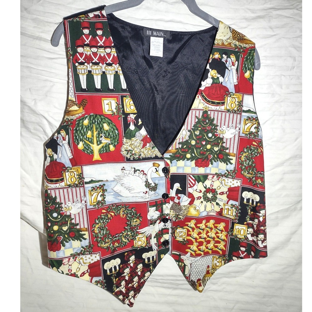 111‎ MAIN Women's Vintage Holiday Christmas Vest Large Front Print Button Up